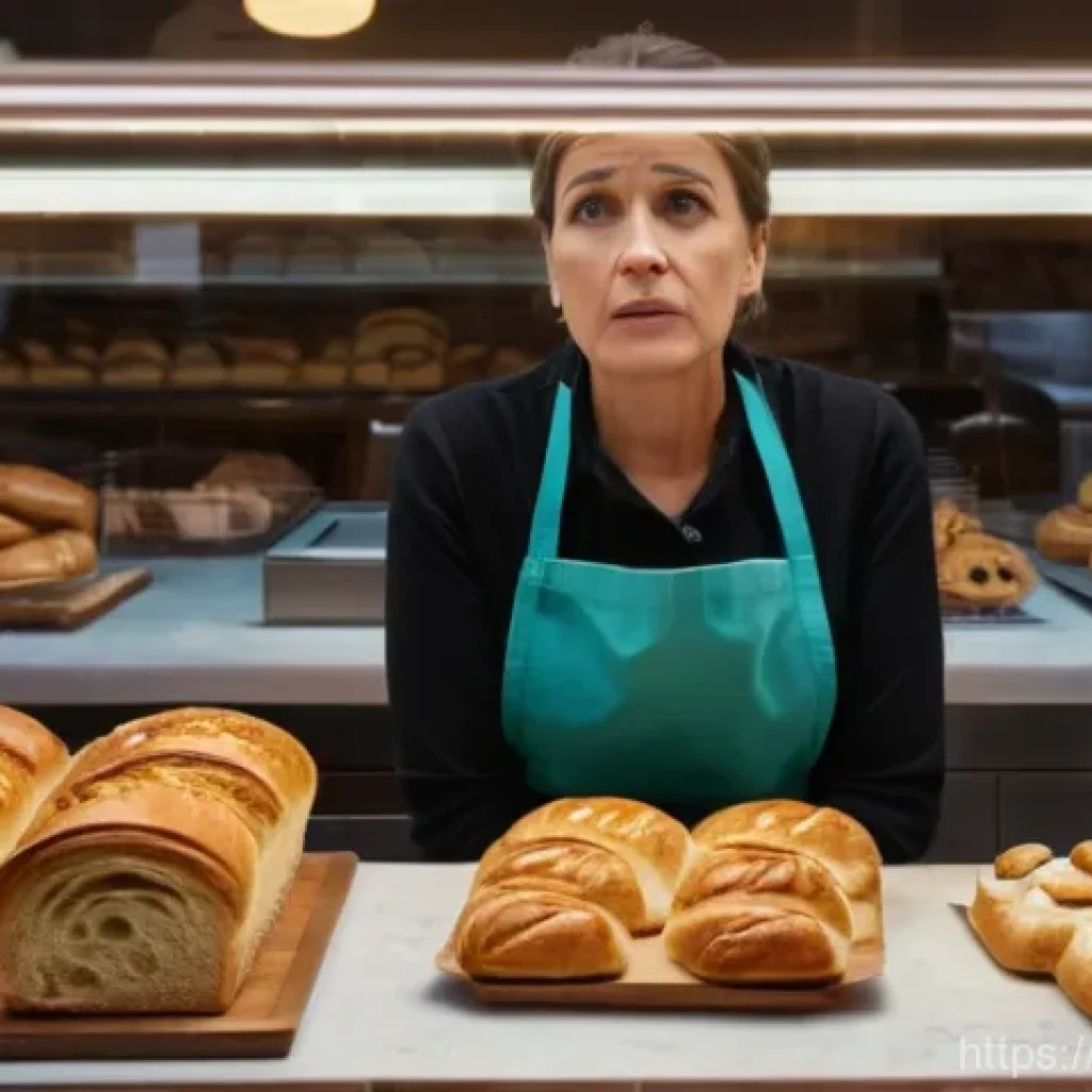 비군사적 안보 위협 - **Prompt:** A medium shot of a small French bakery owner, a woman in her late 40s wearing a clean ap...