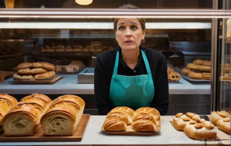 비군사적 안보 위협 - **Prompt:** A medium shot of a small French bakery owner, a woman in her late 40s wearing a clean ap...