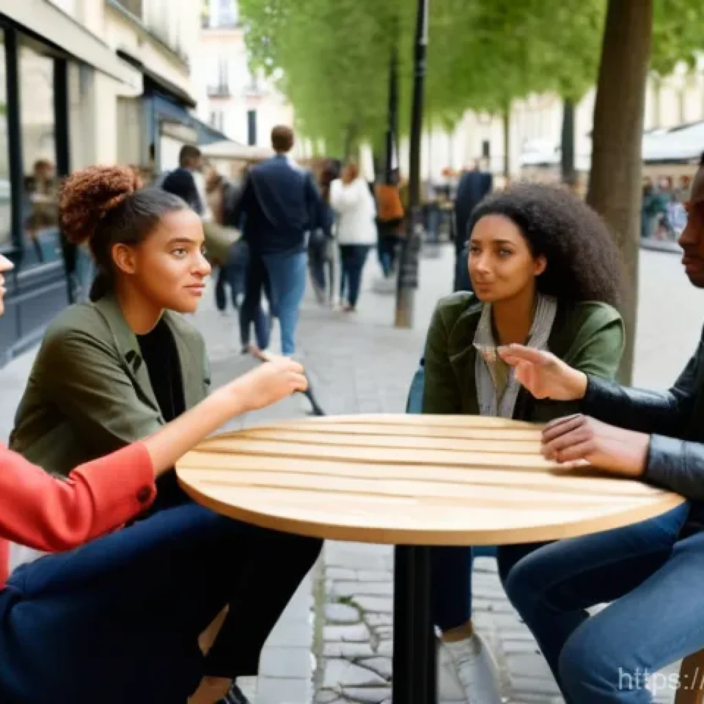 정체성 정치와 차별 - **"Political Identity and Respectful Dialogue in a French Café"**
A diverse group of young adult...