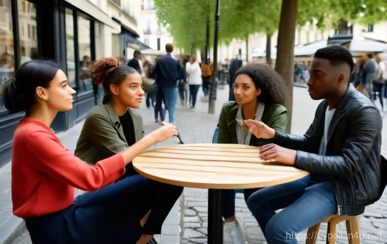 정체성 정치와 차별 - **"Political Identity and Respectful Dialogue in a French Café"**
    A diverse group of young adult...